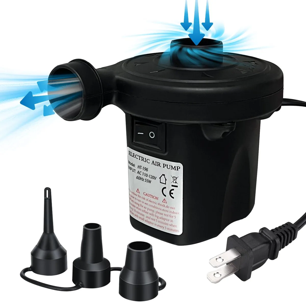 Black plastic electric air pump with three nozzles, 12 pack