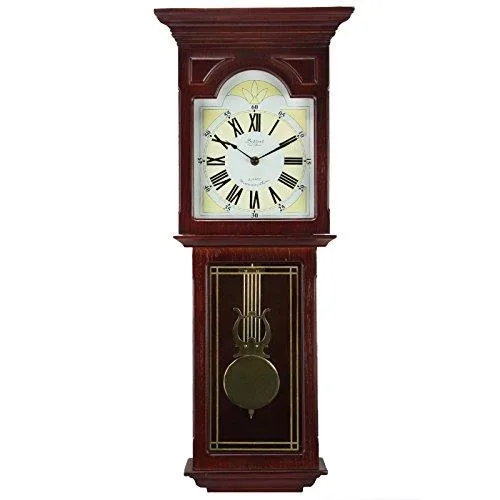 23 inch wall clock in dark redwood oak with gold pendulum and roman numerals