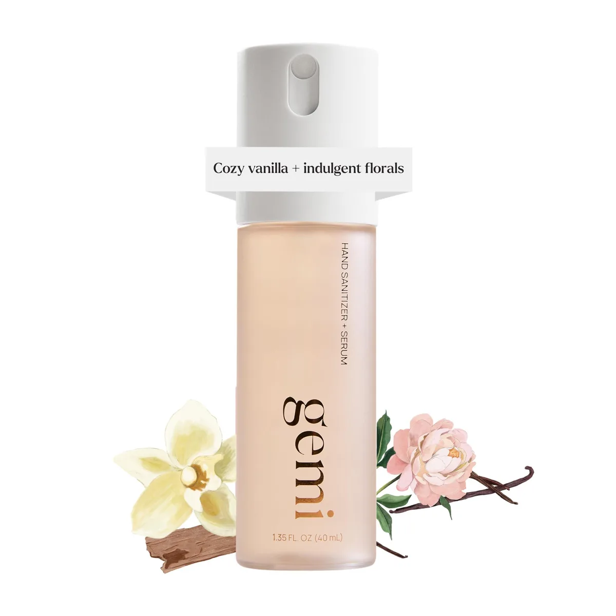 Small white bottle with twist cap, 1.35 fl oz hand sanitizer serum