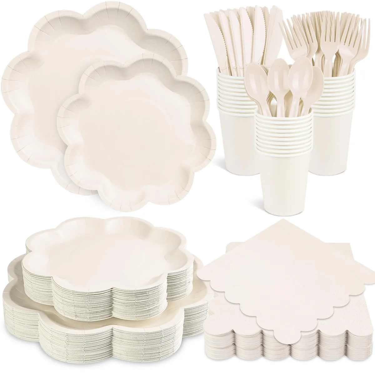 Houuqe 350 Pcs Ivory Flatware Set — 50 Guests, 10 in Plates, Silver Stainless Steel Cutlery — product photo