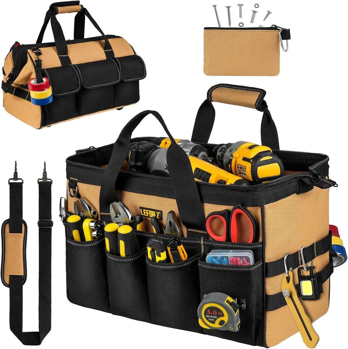 16-inch heavy-duty tool bag black brown 27 pockets wide mouth double zipper reflective strip non-slip feet adjustable shoulder strap
