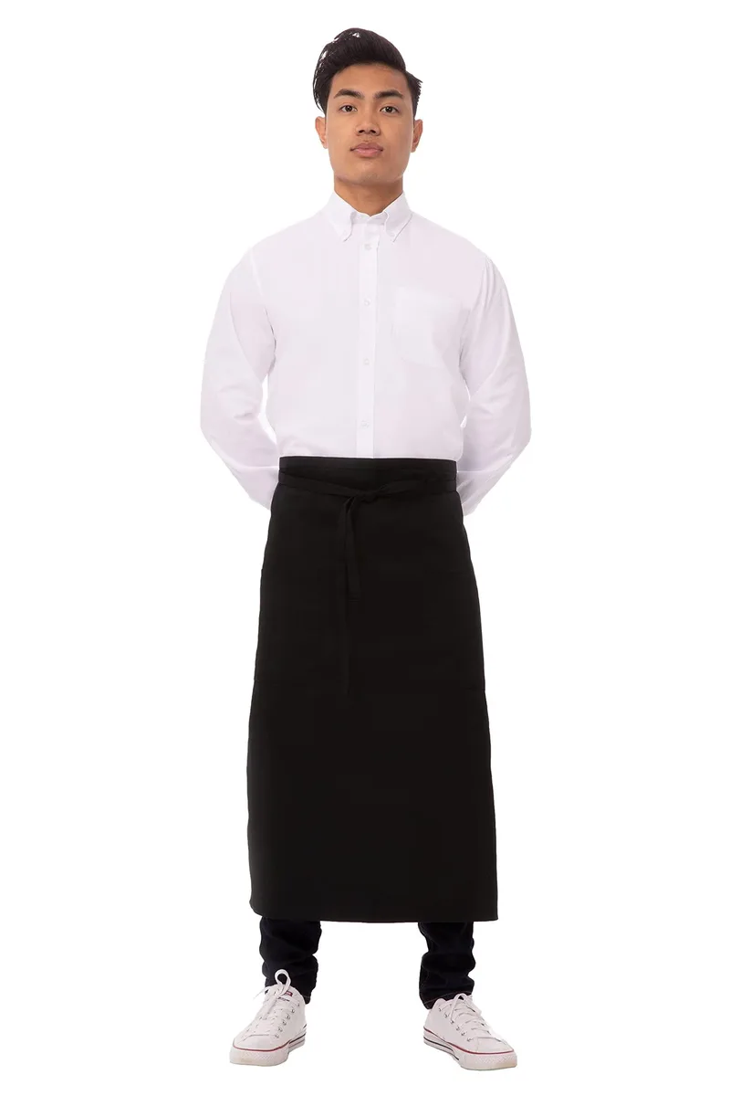 Black bistro waist apron with two large front pockets and long waist ties