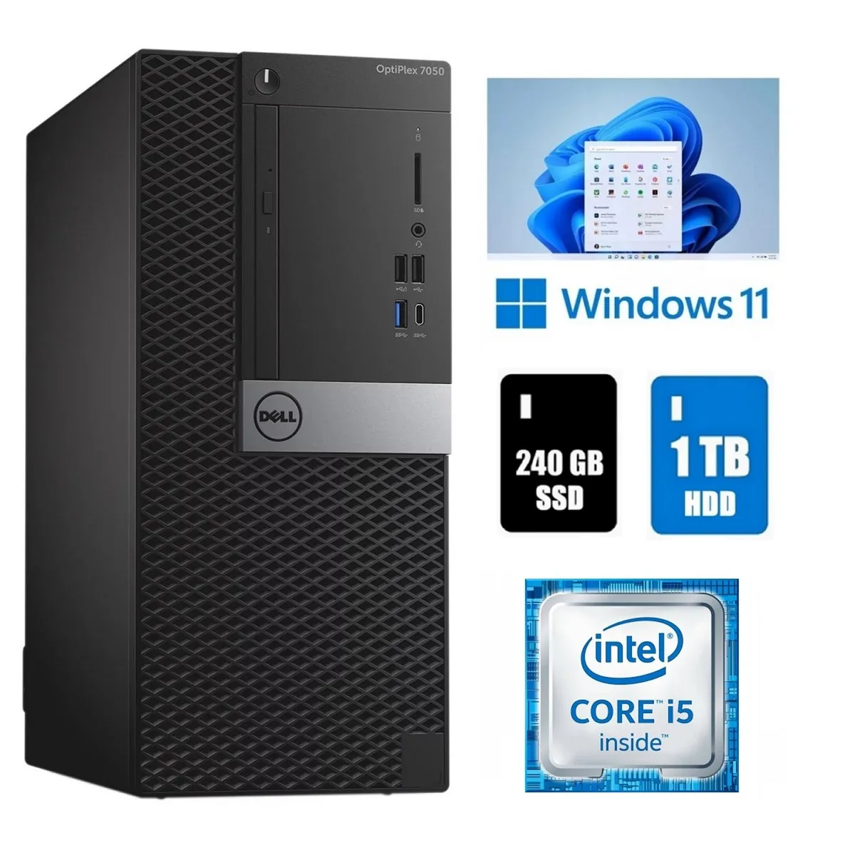 DELL DELL OptiPlex 7050 MT i5-6500 16GB 1TB HDD 240GB SSD Win 11 Pro desktop PC — product photo