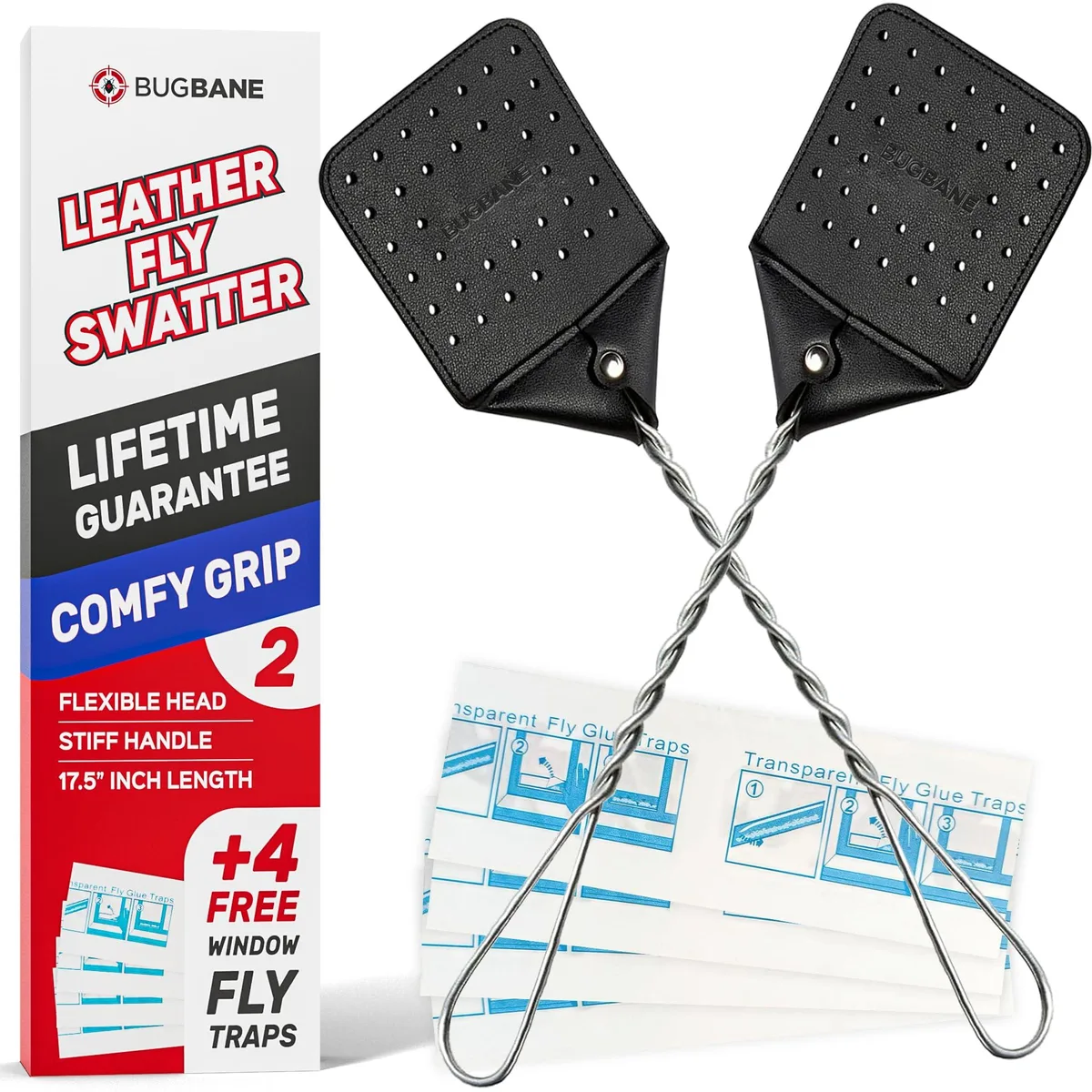 Two leather fly swatters with long metal handles and four rectangular sticky window traps