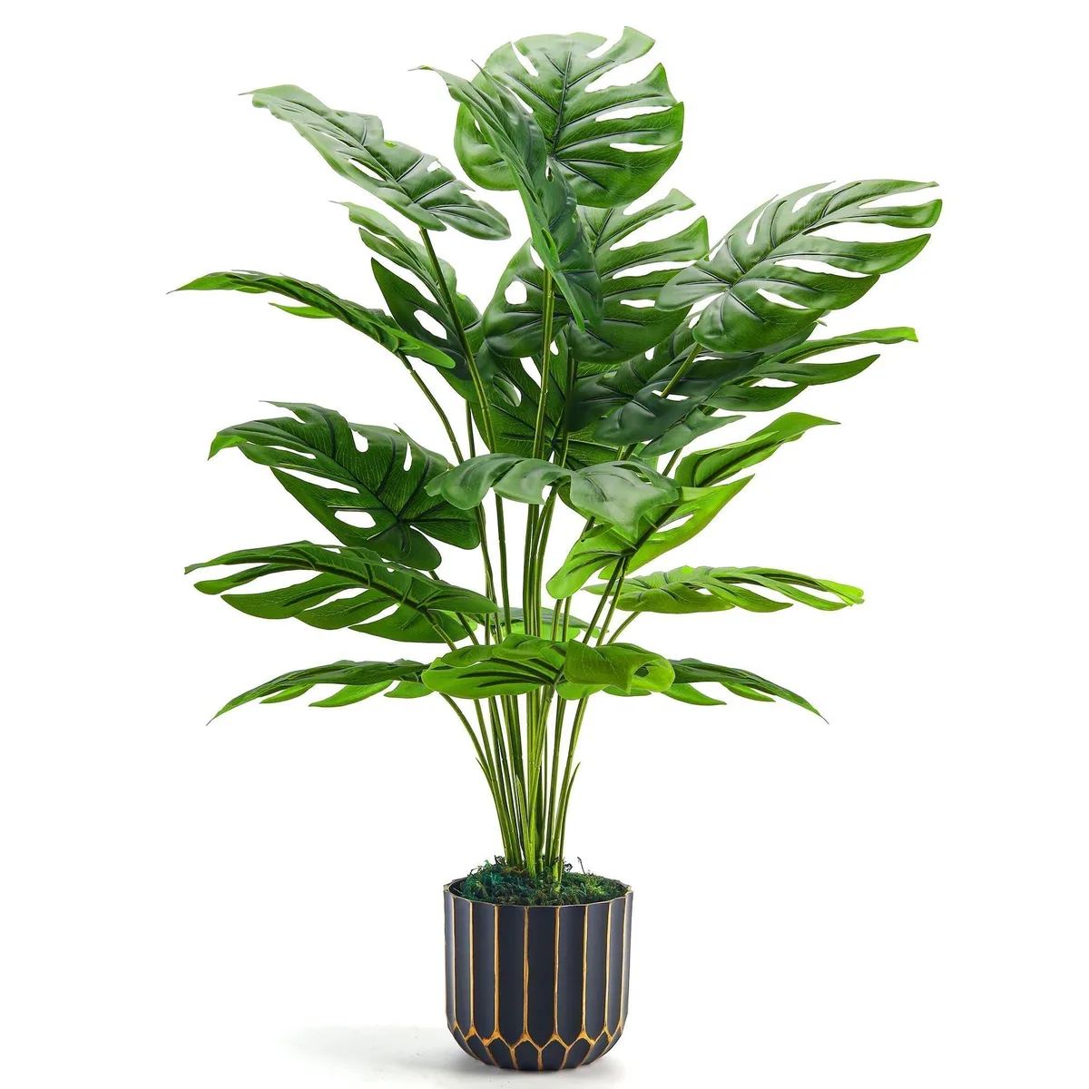 28 inch artificial Monstera in black and gold pot with 18 adjustable leaves and moss