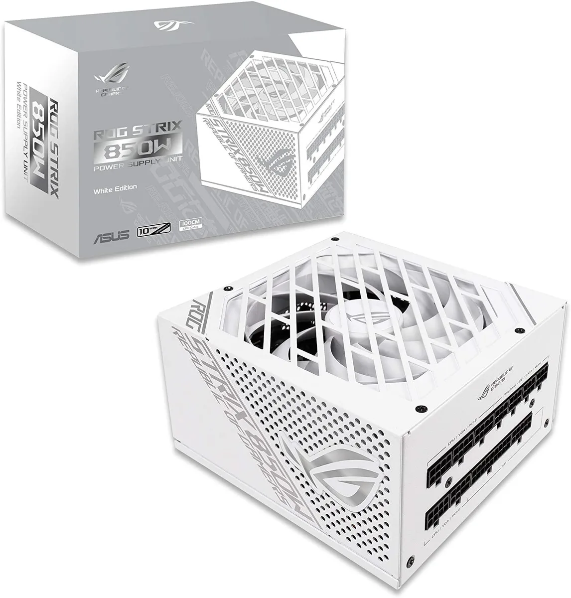 White ATX power supply with modular cables, ROG heatsinks, and axial-tech fan design