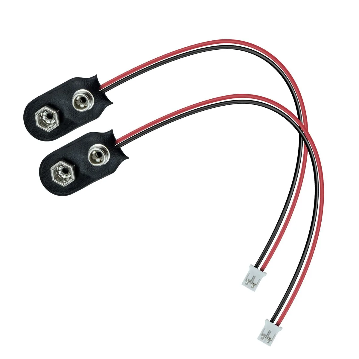 Two black 9V battery snaps with red and black wires ending in white 2-pin PH2.0 plugs