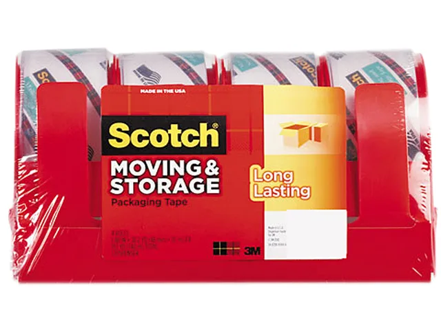 Four clear tape rolls on a three inch core with refillable dispensers