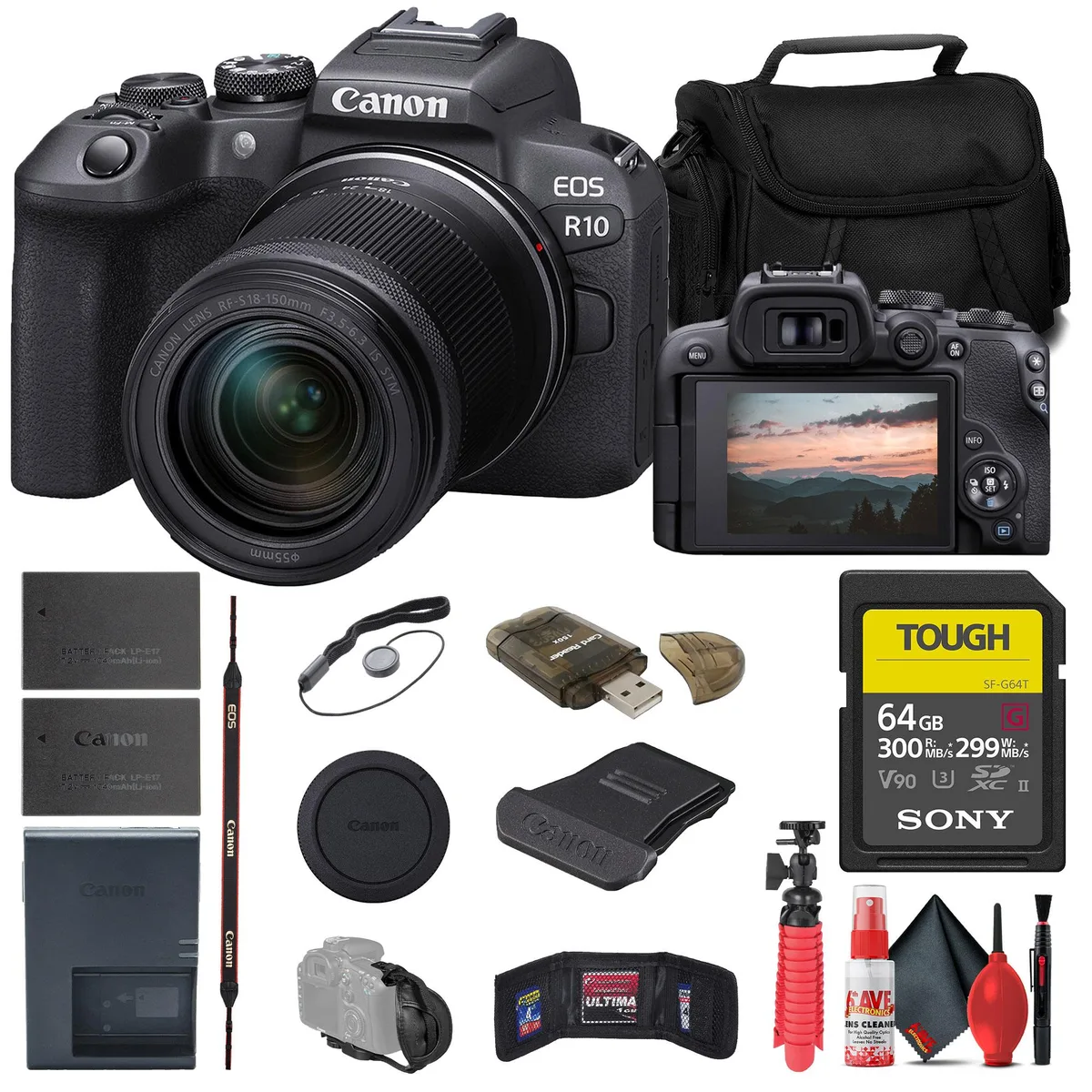 Canon Canon EOS R10 24.2MP APS-C Camera Kit 18-150mm f/3.5-6.3 64GB Card Bag Tripod — product photo
