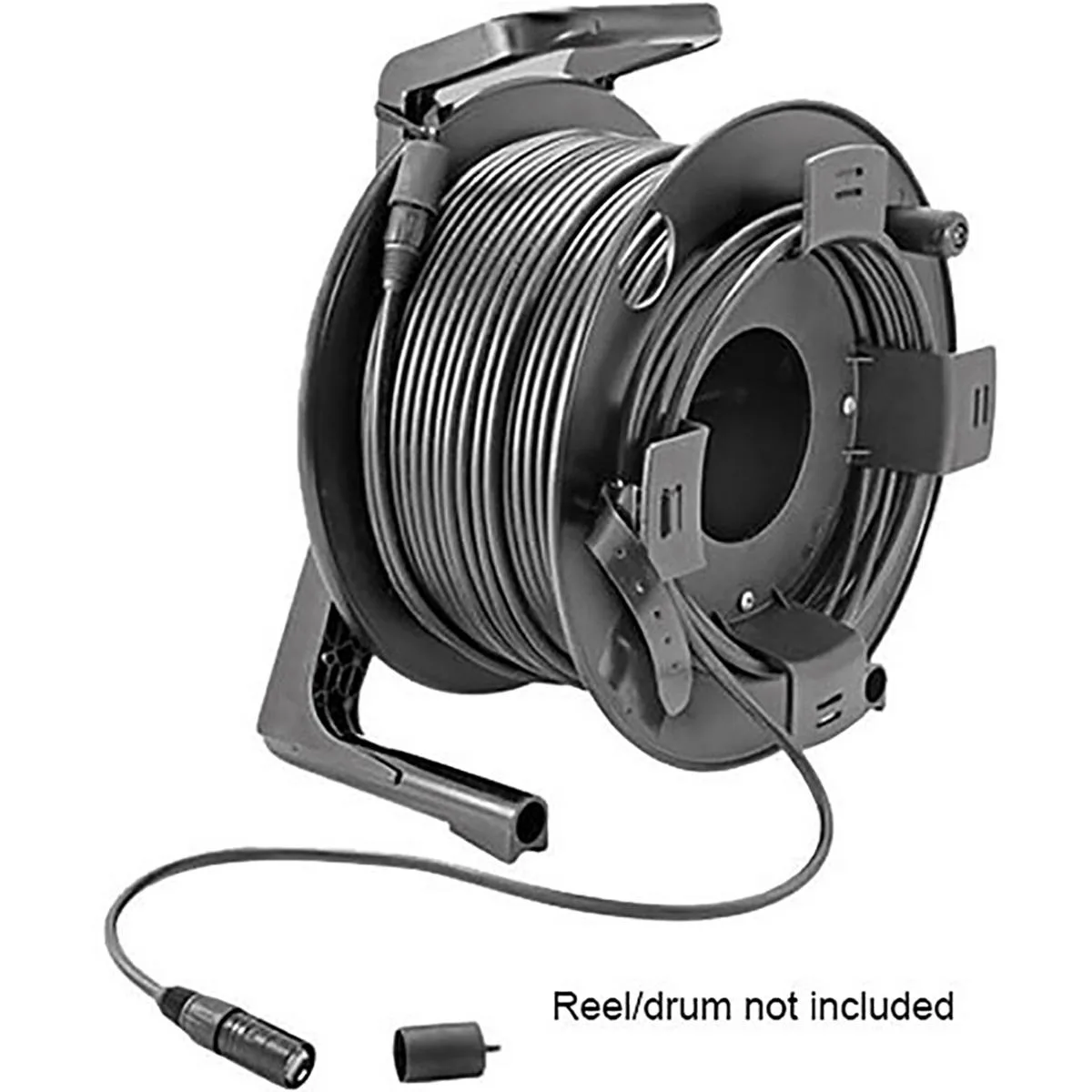 Blue cable on black plastic drum with silver locking connectors