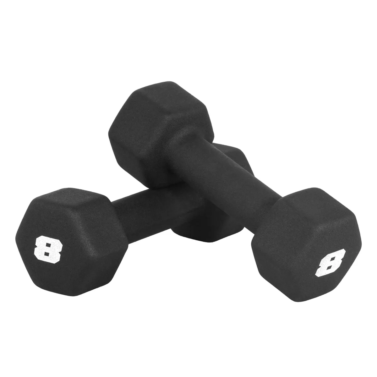 Pair of black hexagonal neoprene dumbbells with grey iron cores