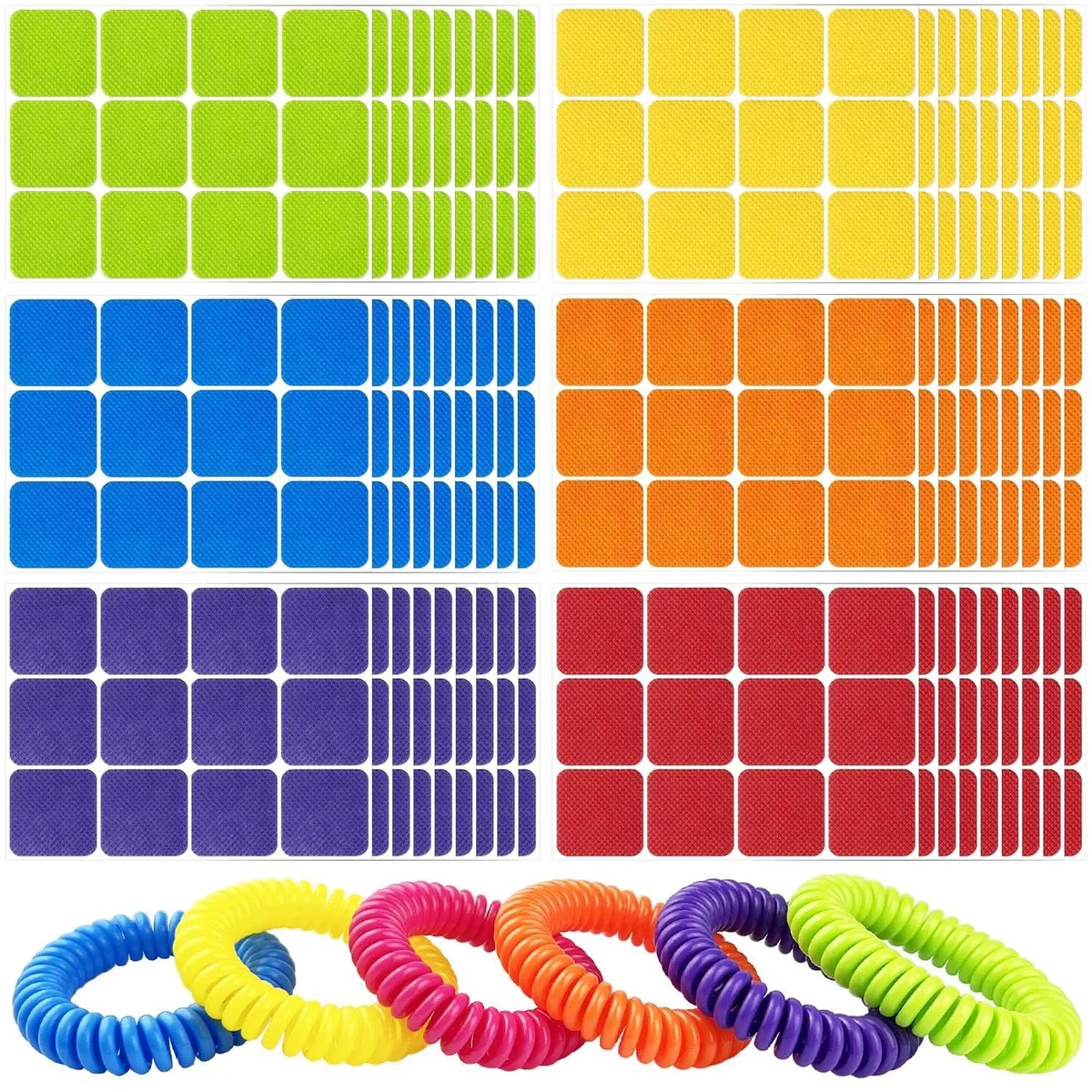 Box of 360 mosquito repellent stickers with six wrapped bracelets