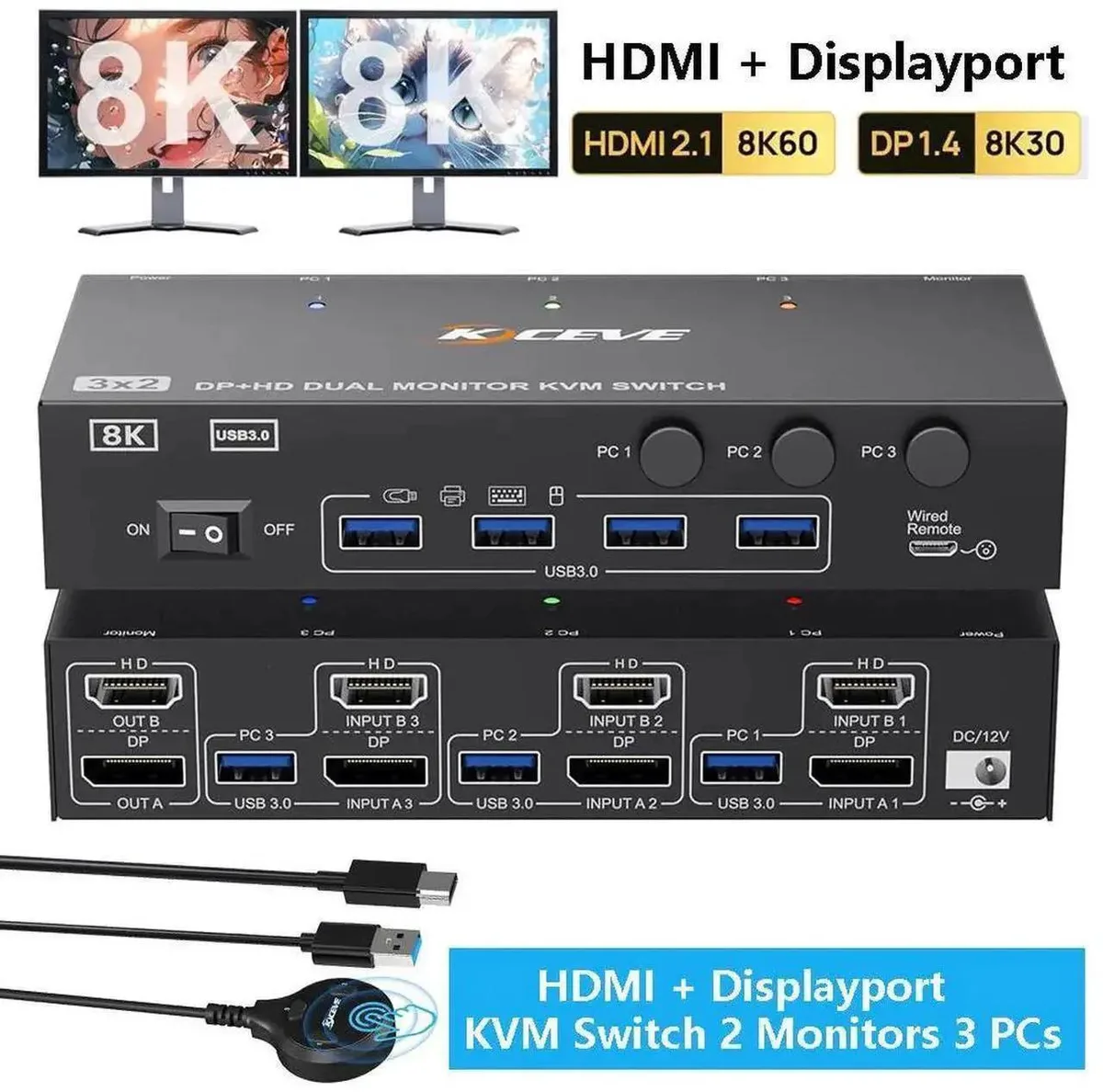 Vszerda Vszerda 2-Monitor 3-Computer KVM Switch 8K@60Hz 4K@144Hz HDMI 2.1 DP 1.4 USB 3.0 — product photo