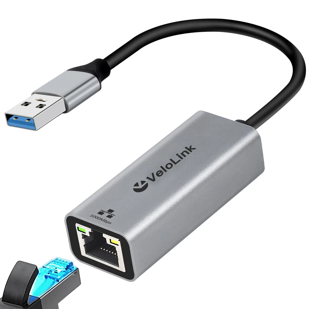 Silver USB-A to RJ45 Gigabit Ethernet adapter with aluminum housing