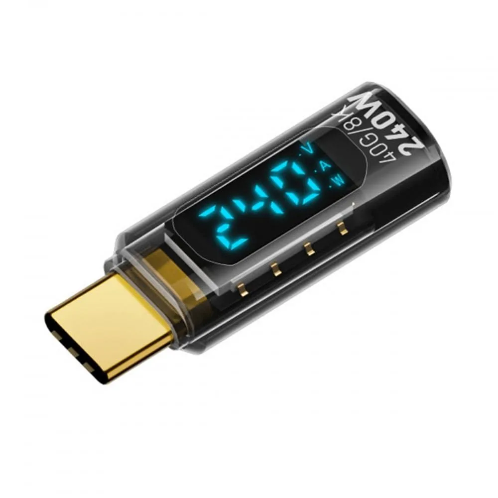 Transparent USB-C male-to-female adapter with LED display, short body