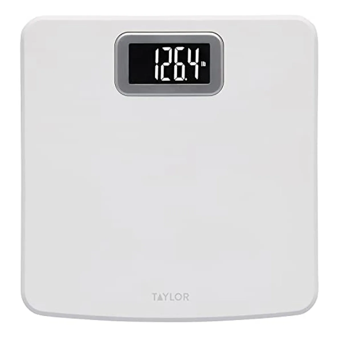 White rectangular digital bathroom scale with glass platform and silver-bezel display