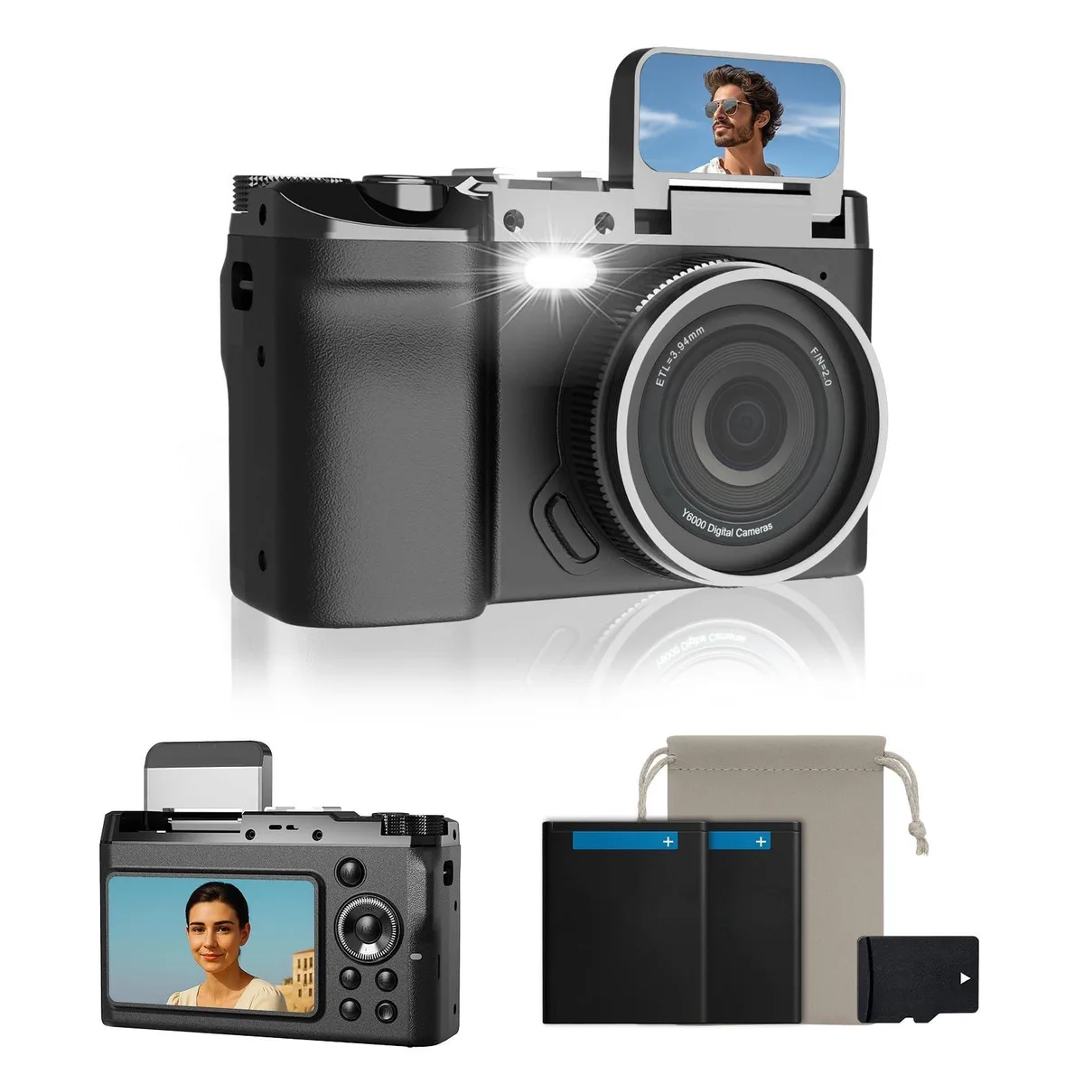  fceoul YY6D 48MP Point &amp; Shoot Camera 2.2" Dual Screen 16x Zoom 32GB Card Black — product photo