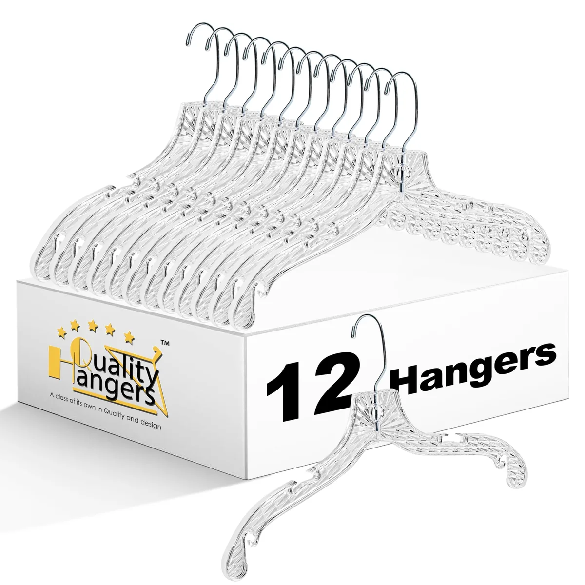 Twelve crystal-clear plastic hangers, 17 inches, with swivel hooks and notches