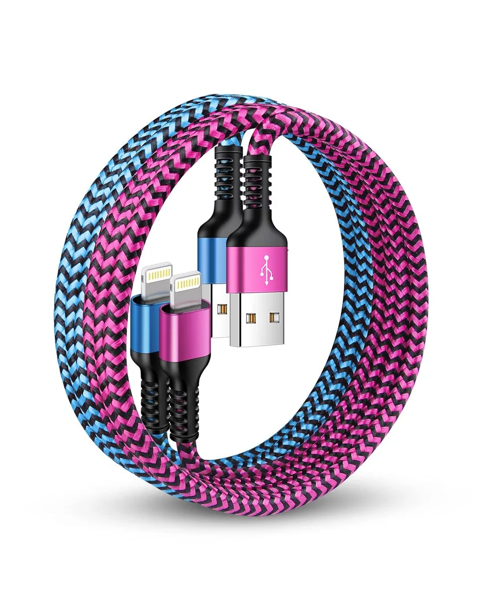 Two blue braided USB-A to Lightning cables, three feet long