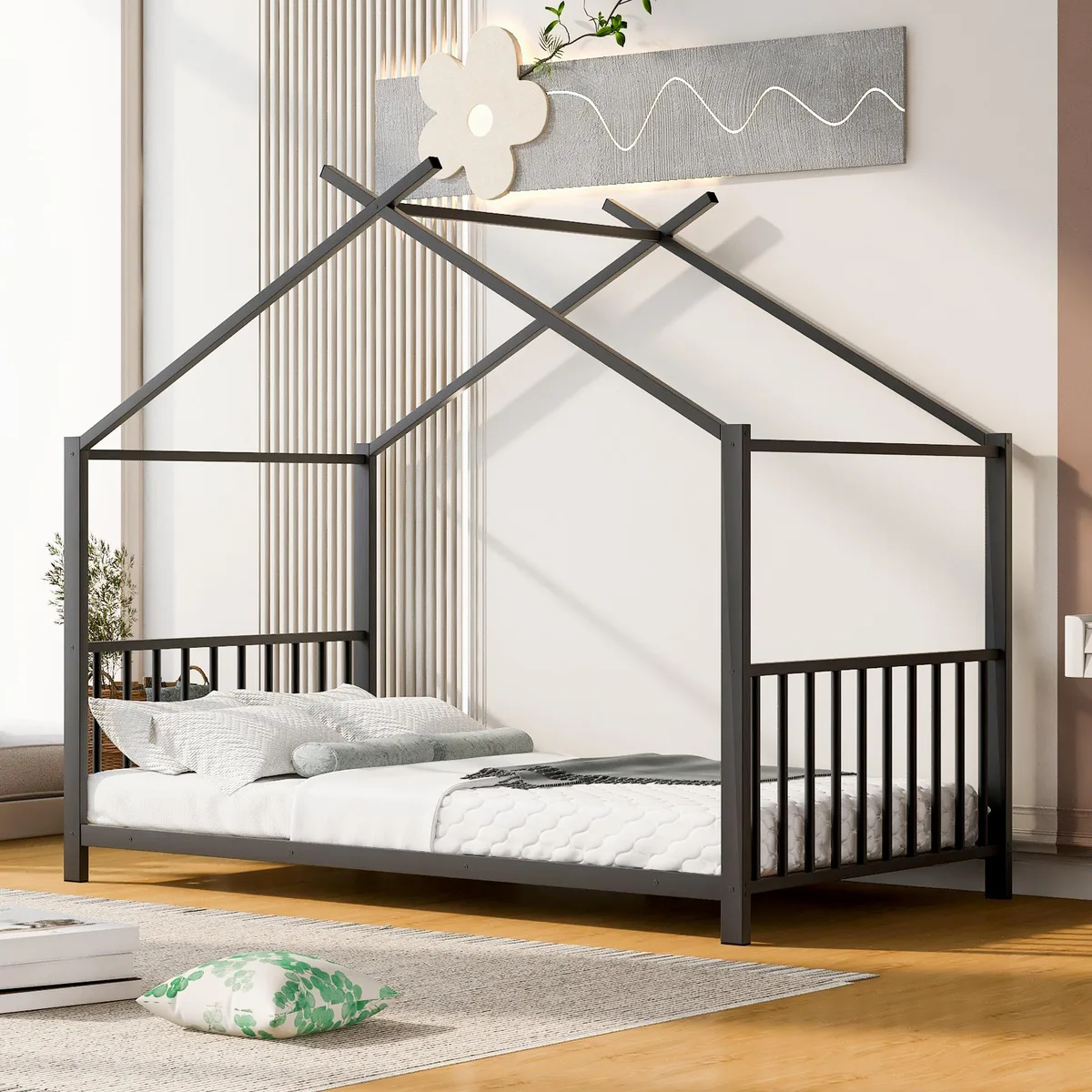 tuphen tuphen Twin Size Metal House Platform Bed, Black — product photo