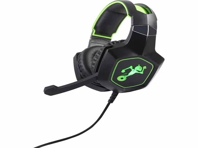 Green wired on-ear gaming headset with LED-lit earcups and flexible boom mic