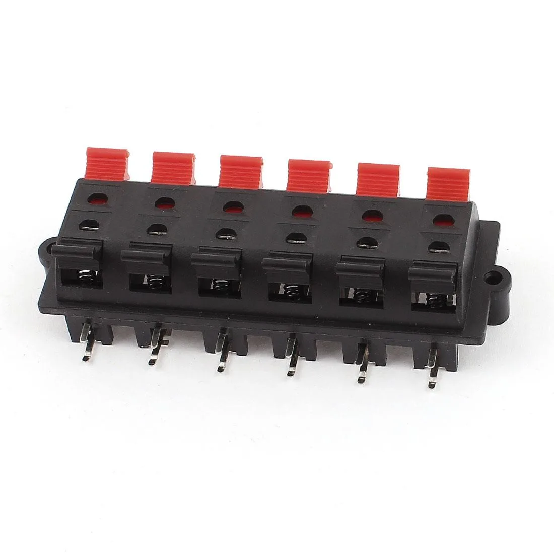 Black rectangular board with twelve red spring push terminals arranged in two rows