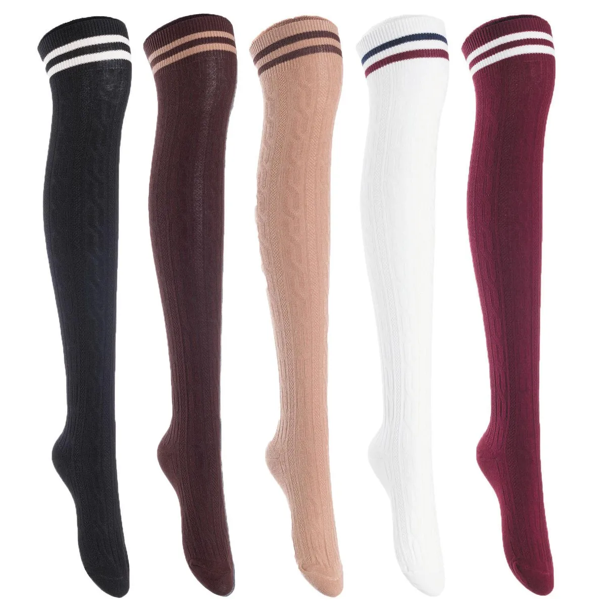 Five pairs of thigh-high cotton socks in black, coffee, khaki, white and wine colours
