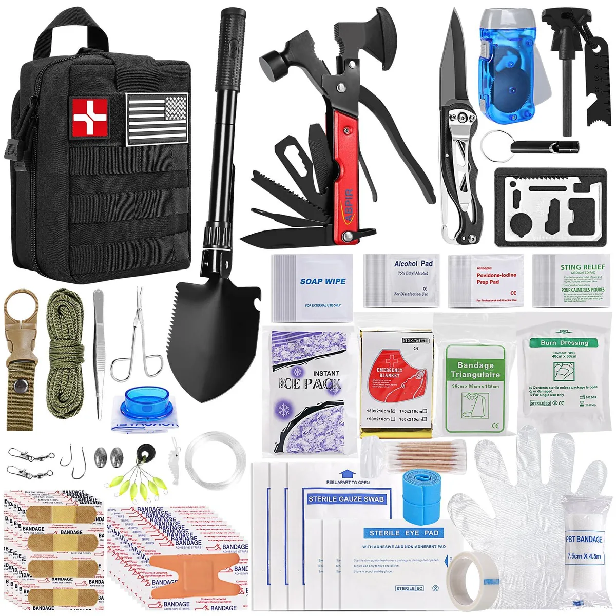 Abpir 200 in 1 Survival Kit 180pcs Medical 10 Camping 14 Fishing Black 1.61kg — product photo