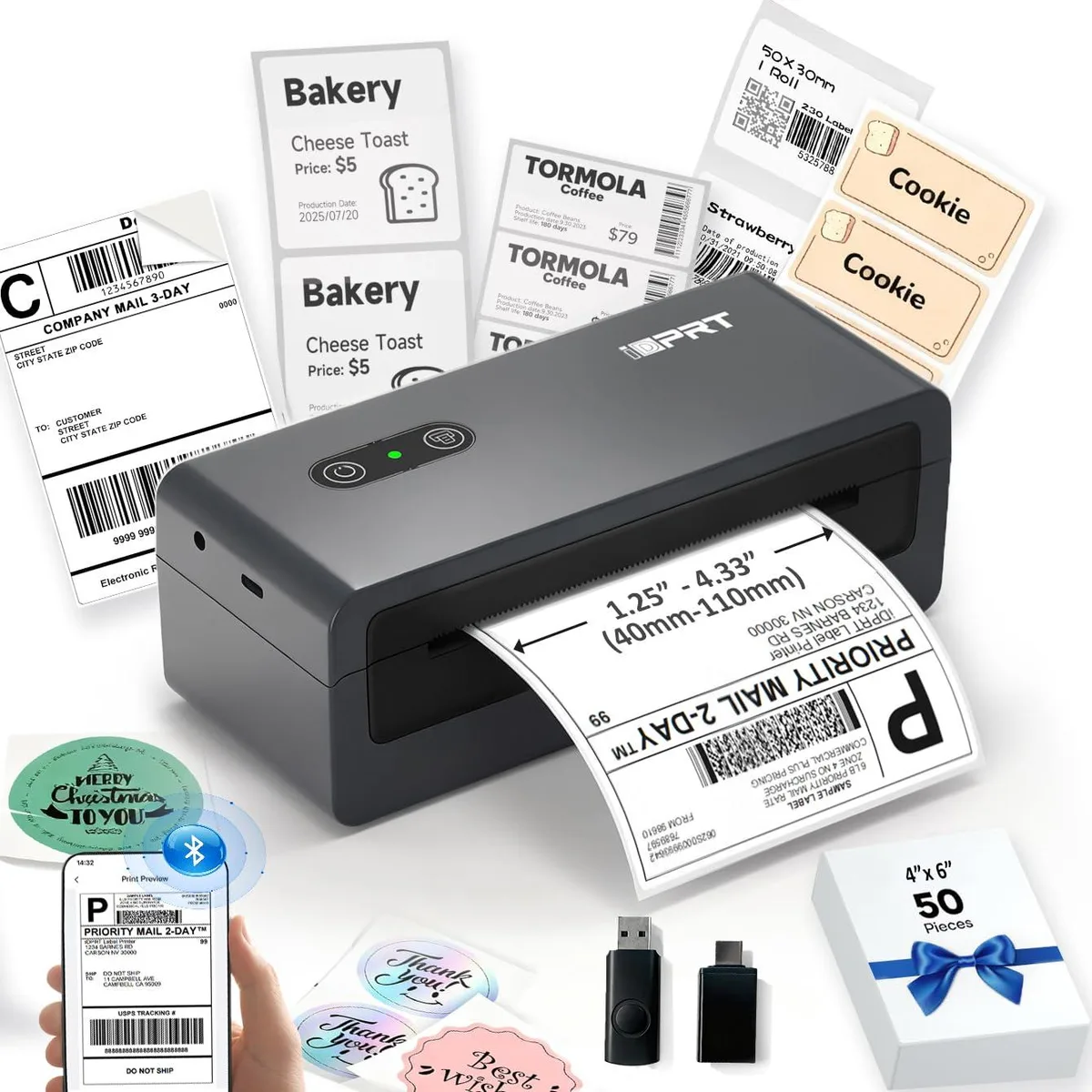 Compact white desktop thermal label printer with rounded edges, USB and Bluetooth 4 connectivity, 7.1 by 3.1 by 2.6 inches