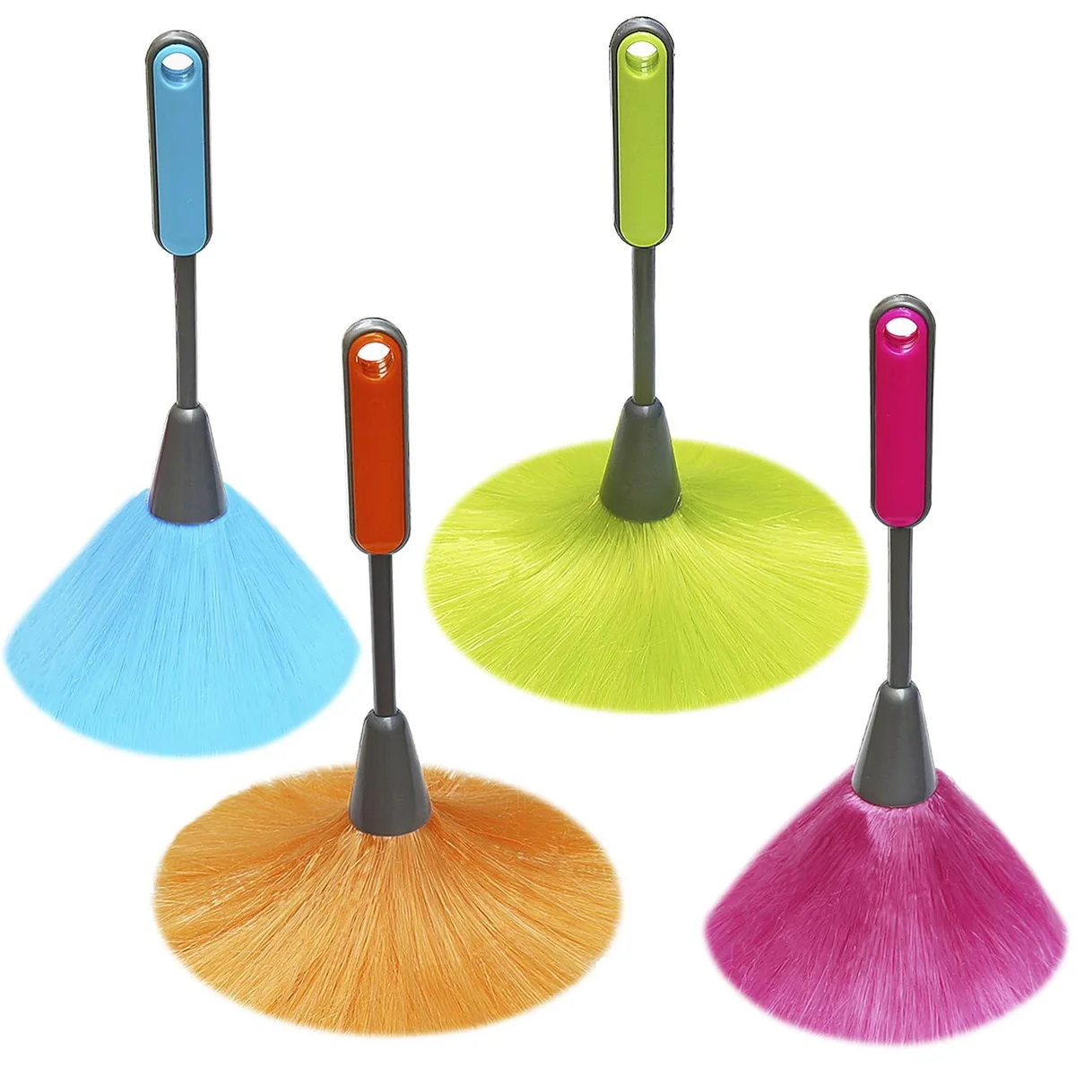Four 10 inch microfiber dusters in orange blue green pink with ergonomic handles