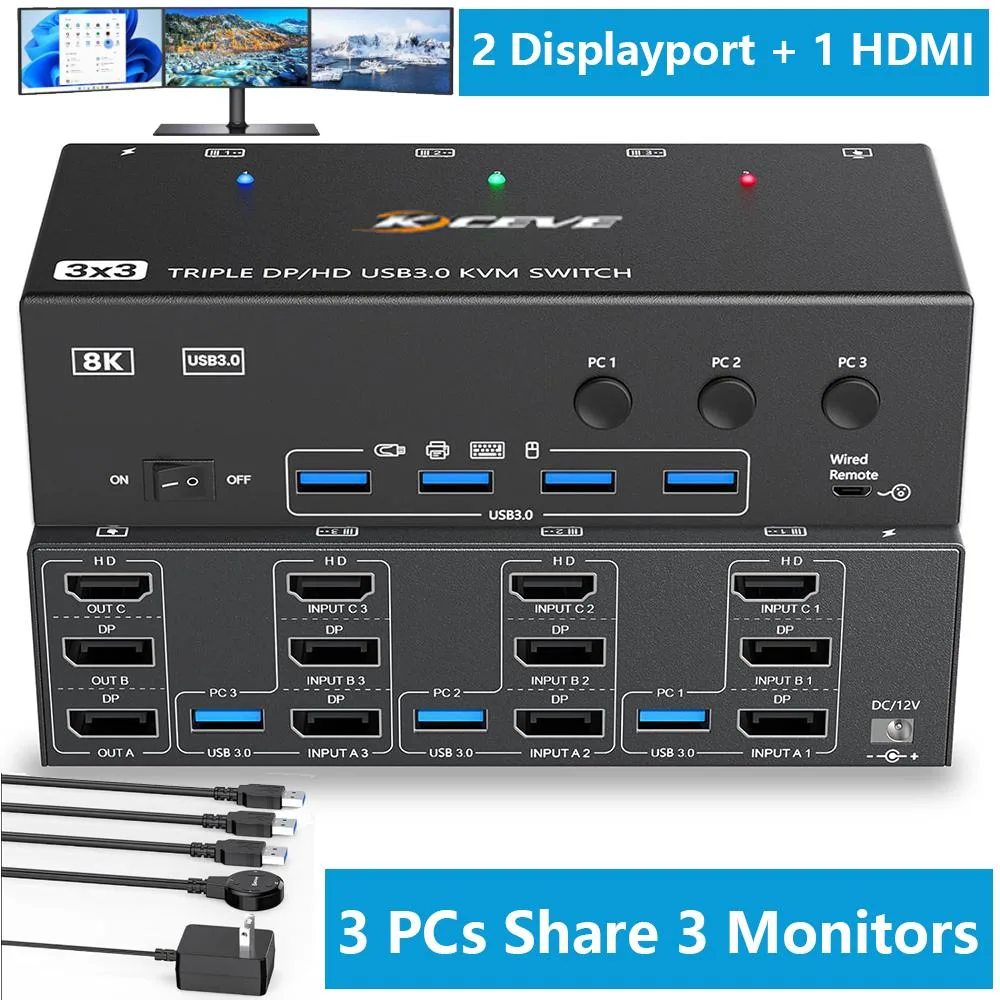 AUTYUE AUTYUE 2 DP 1.4 + HDMI 2.1 KVM Switch 3 PC 3 Mon 4 USB 3.0 8K60 4K144 — product photo