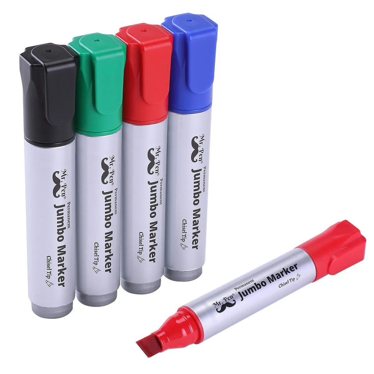 Four jumbo permanent markers with wide chisel tips in assorted colours