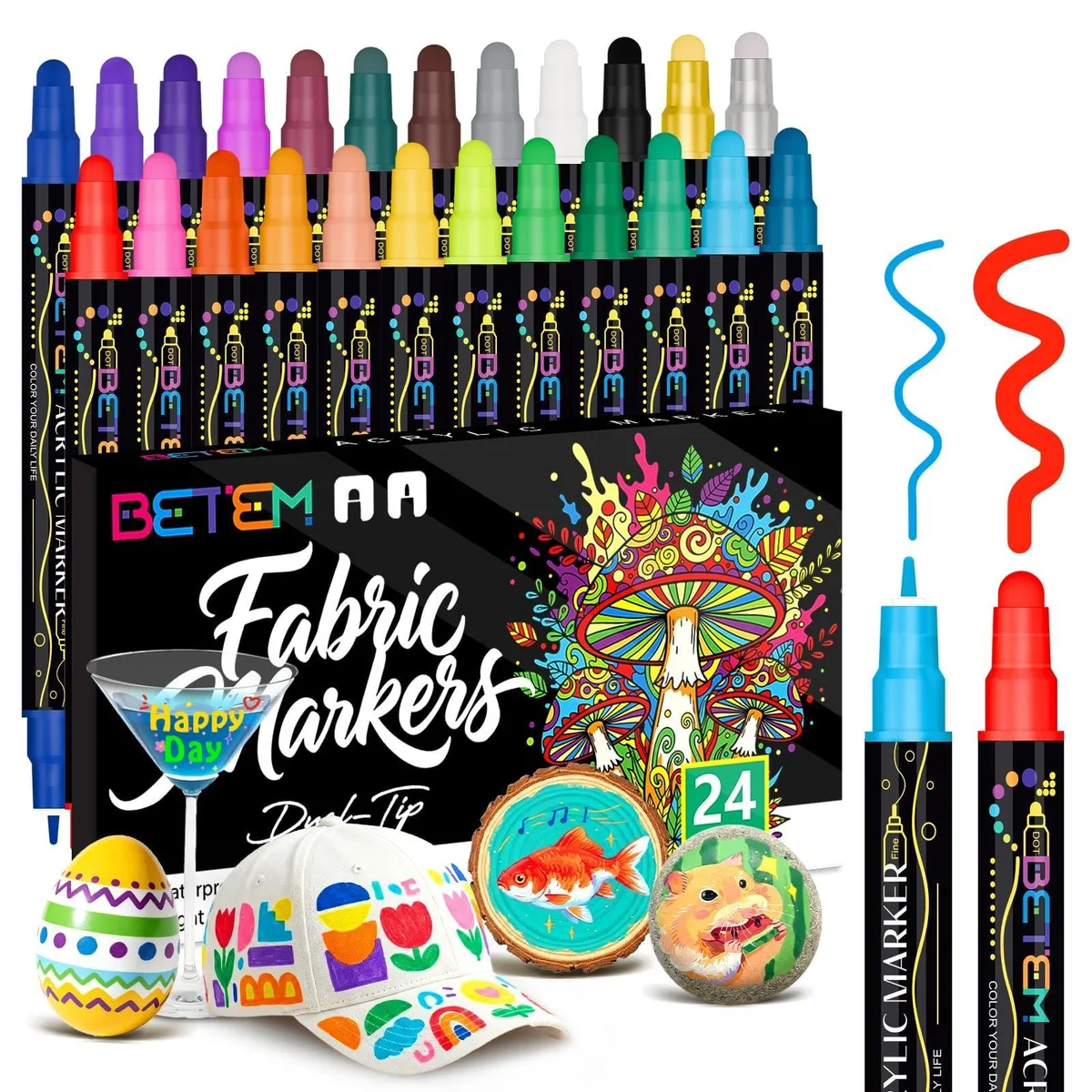  Betem 24 Colors Dual Tip Acrylic Paint Markers Premium Water-Based Art Supplies Fabric Rock Wood Glass — product photo