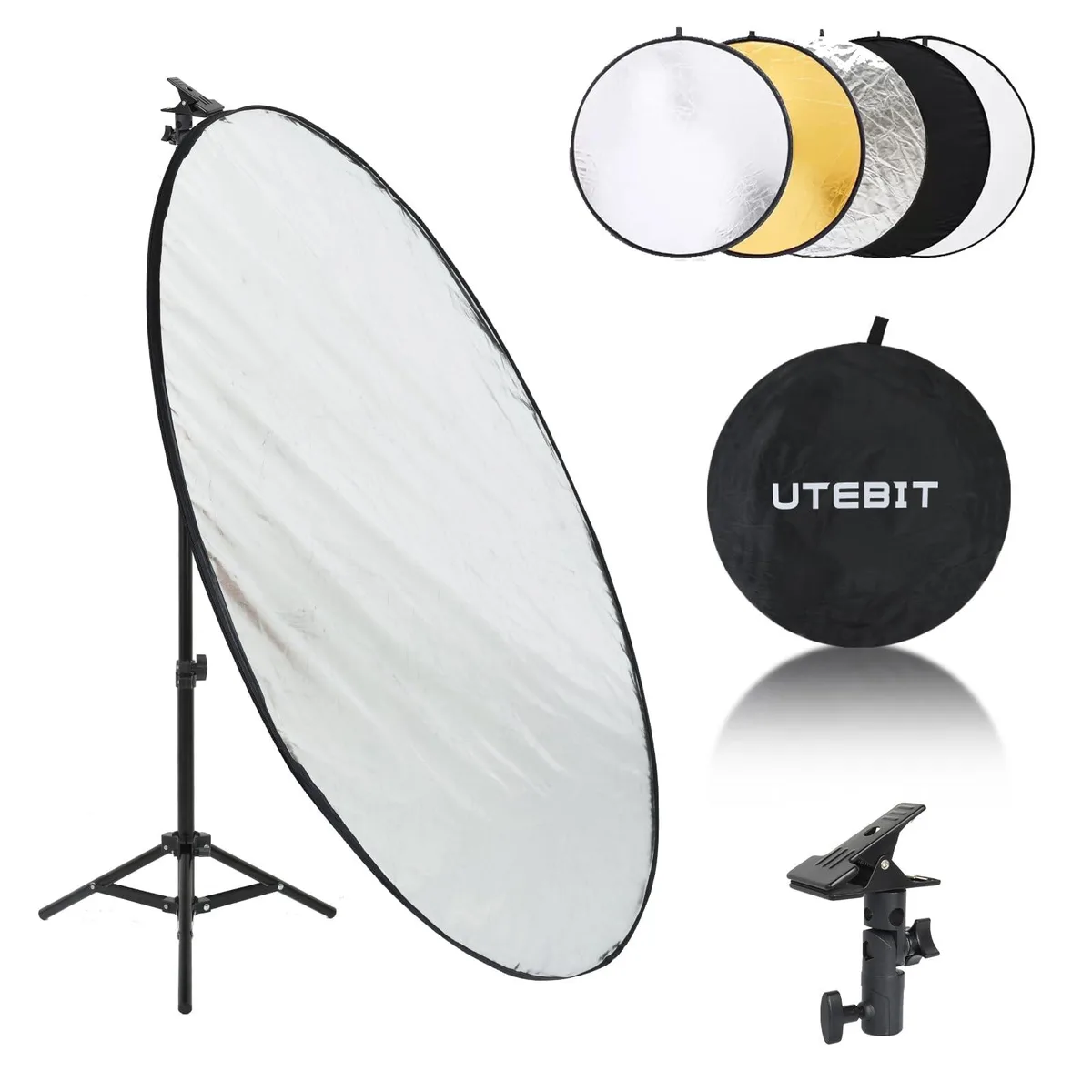 Round 43 inch 5-in-1 reflector disc with stand and clamp, reversible white gold silver black and translucent panels