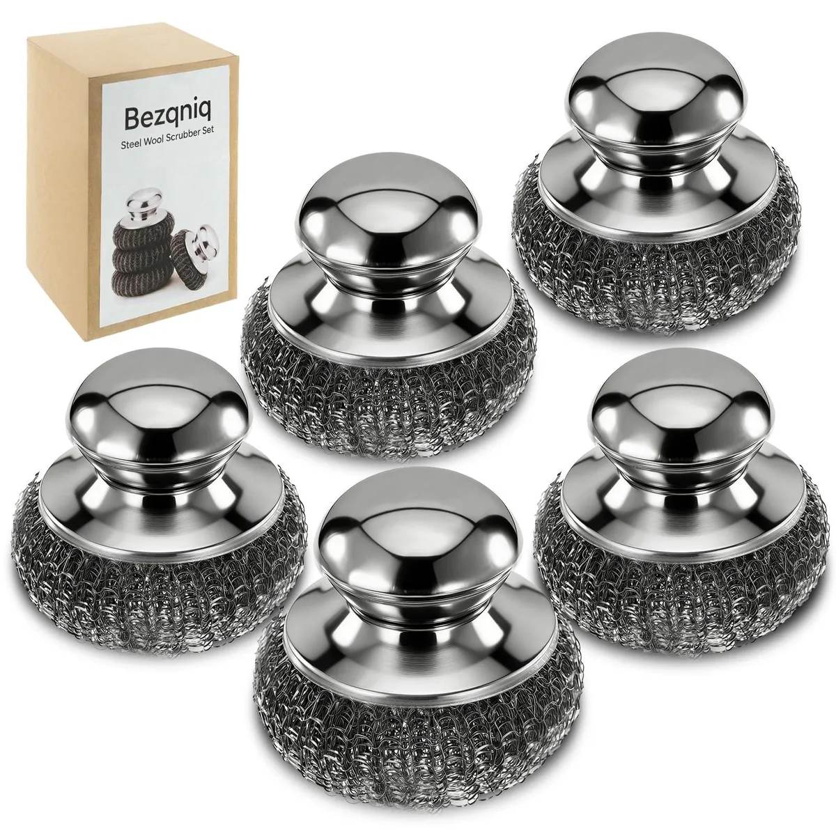  Steel Wool Scrubber with Handle, Stainless Steel, 5 Pack (Sliver, M) — product photo