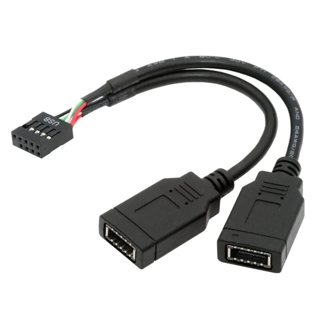 Black adapter with USB 2.0 9-pin male plug and two USB 3.1 Type-E female ports on short cable