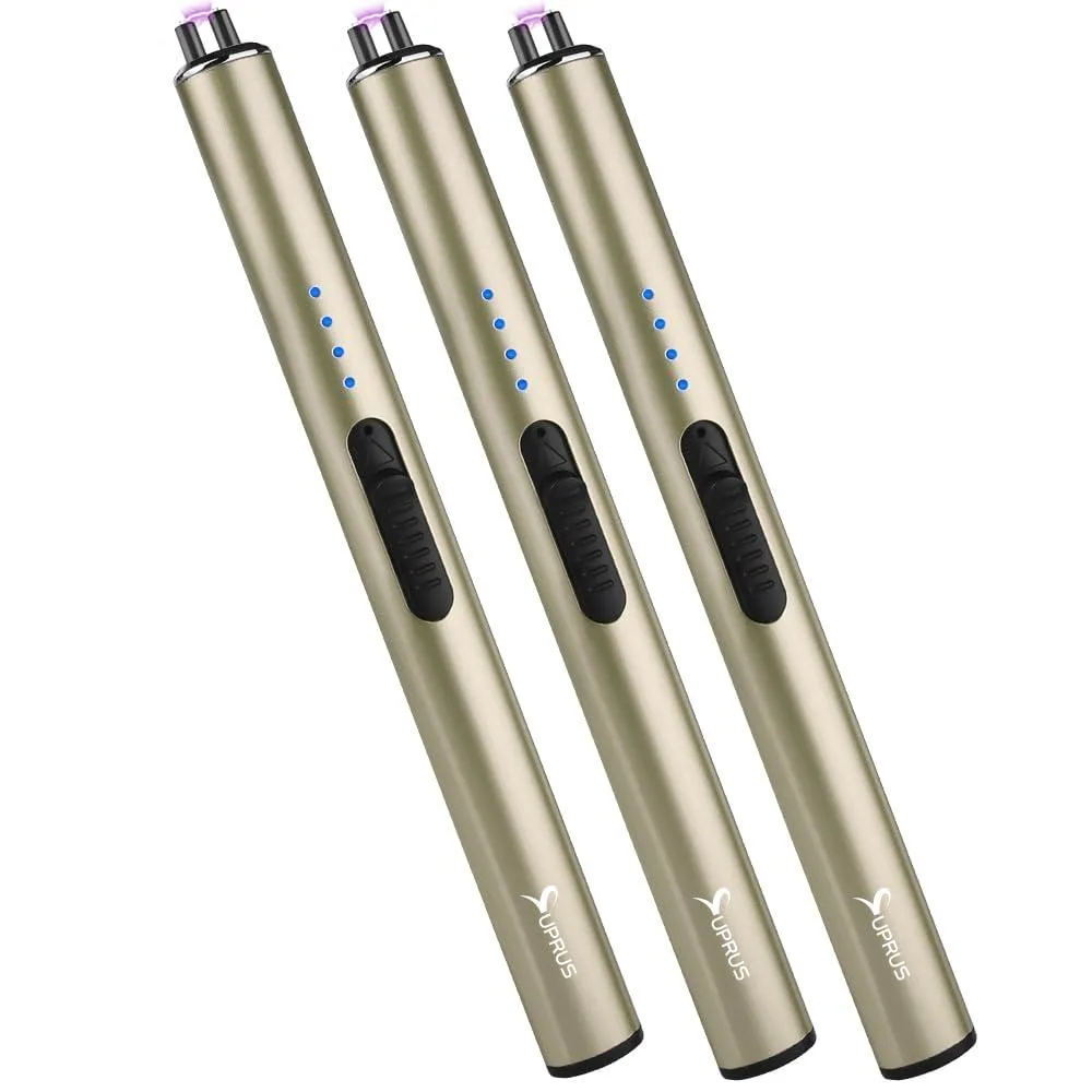 Three champagne-gold arc lighters, slender metal barrels 6.73 in long