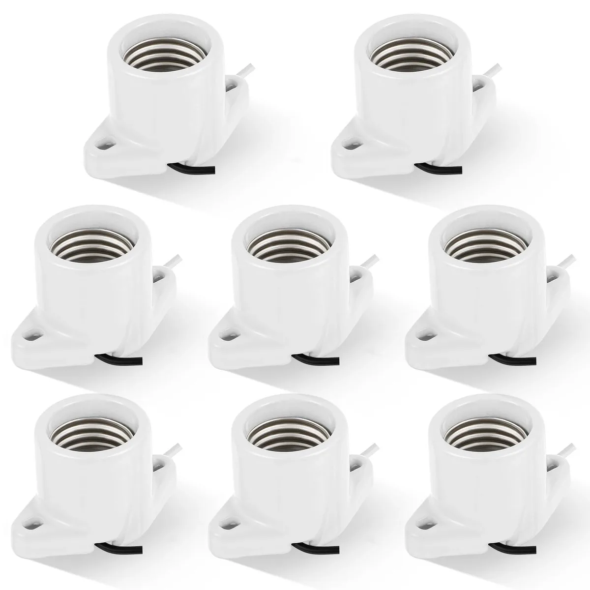 Eight white porcelain E26 lamp holders with two-hole flanged bases and 6-inch black and white wire leads