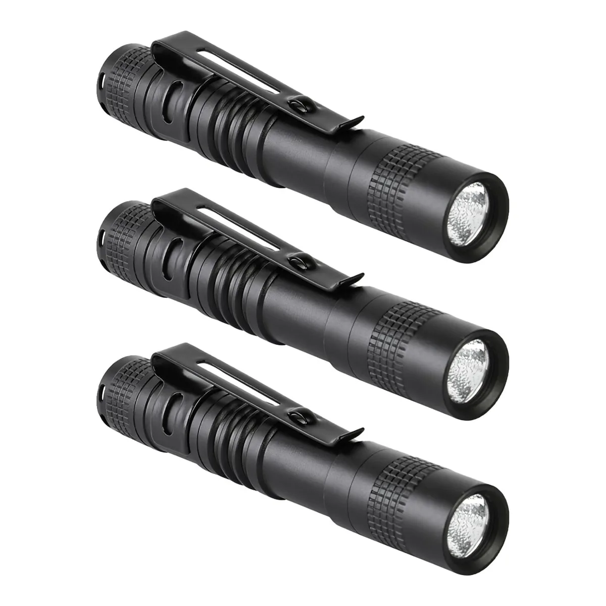 Three black aluminum penlights with pocket clips, each 3.5 inches long