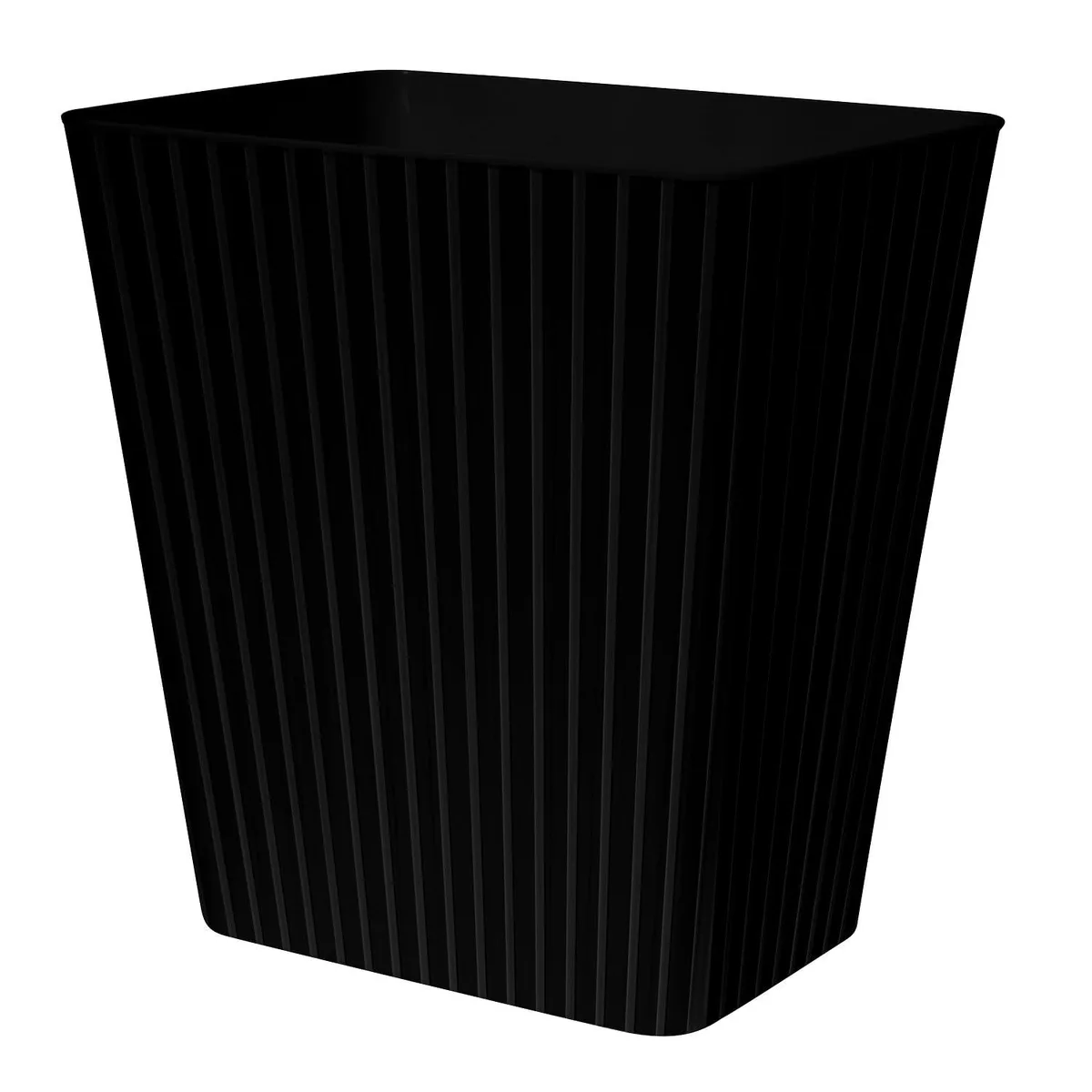 Twelve black rectangular 3.5 gallon plastic wastebaskets in a pack