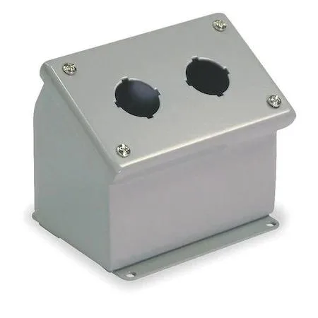 Gray steel push button enclosure, sloping front, two 30 mm holes, captive cover screws, external mounting feet