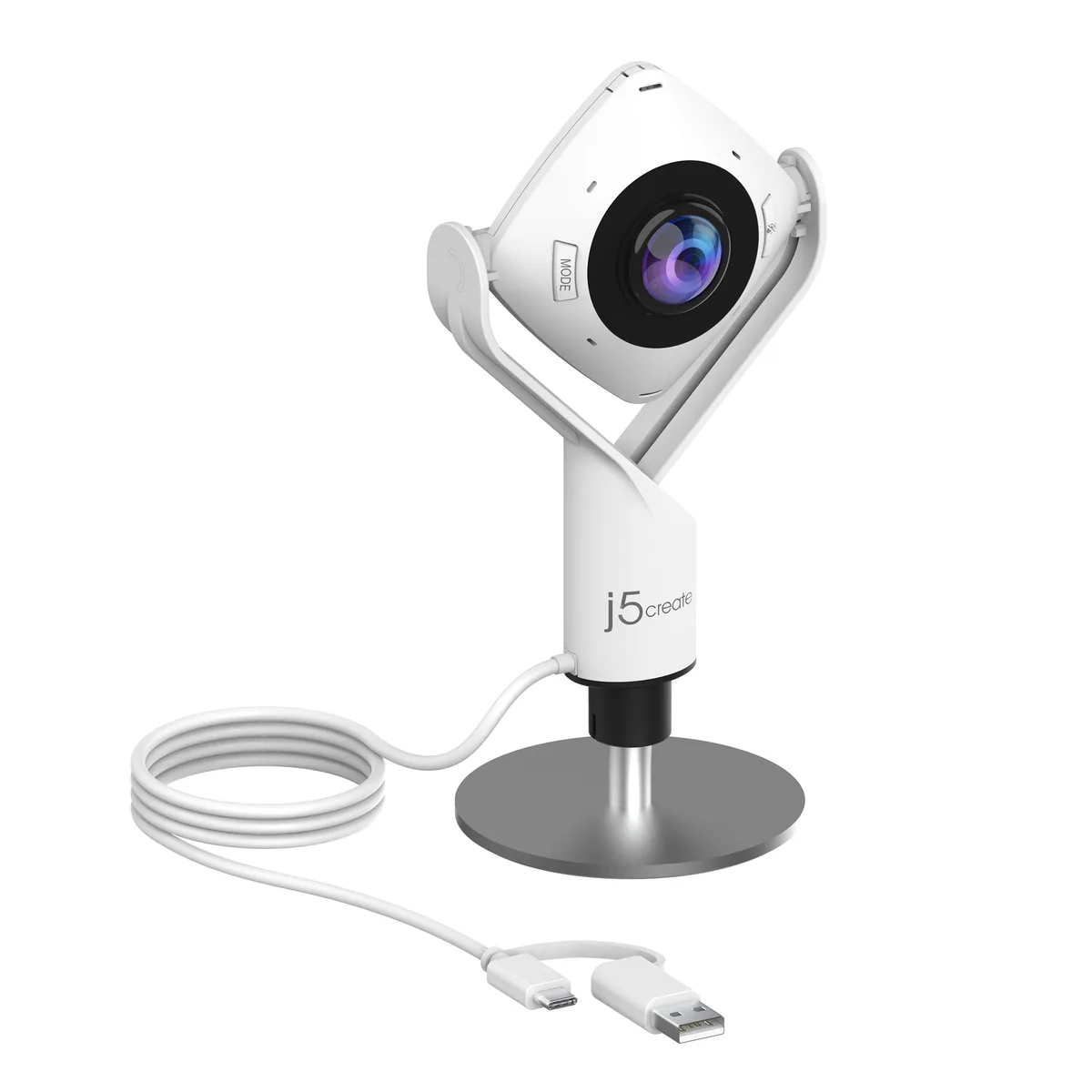 White cylindrical webcam with 360 degree lens and touch bar