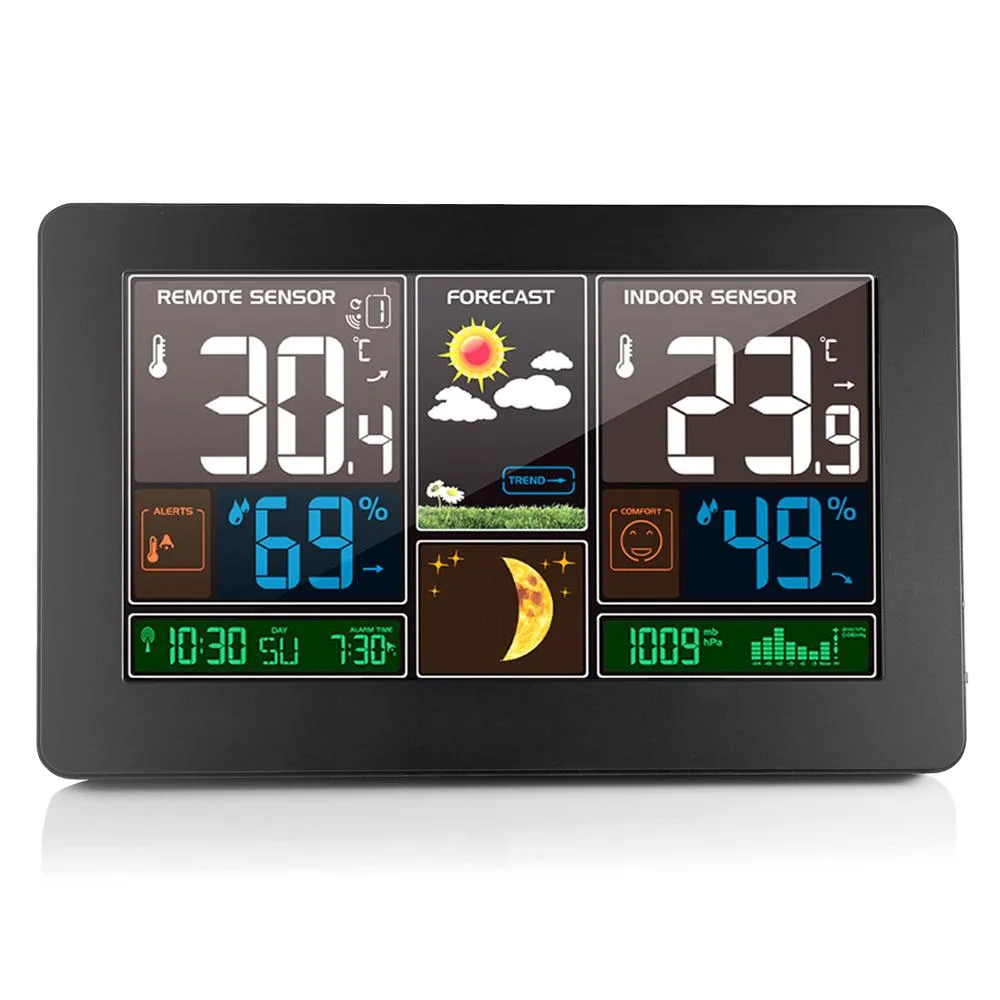 Rectangular weather station with LCD screen and wireless sensor, tabletop or wall mountable