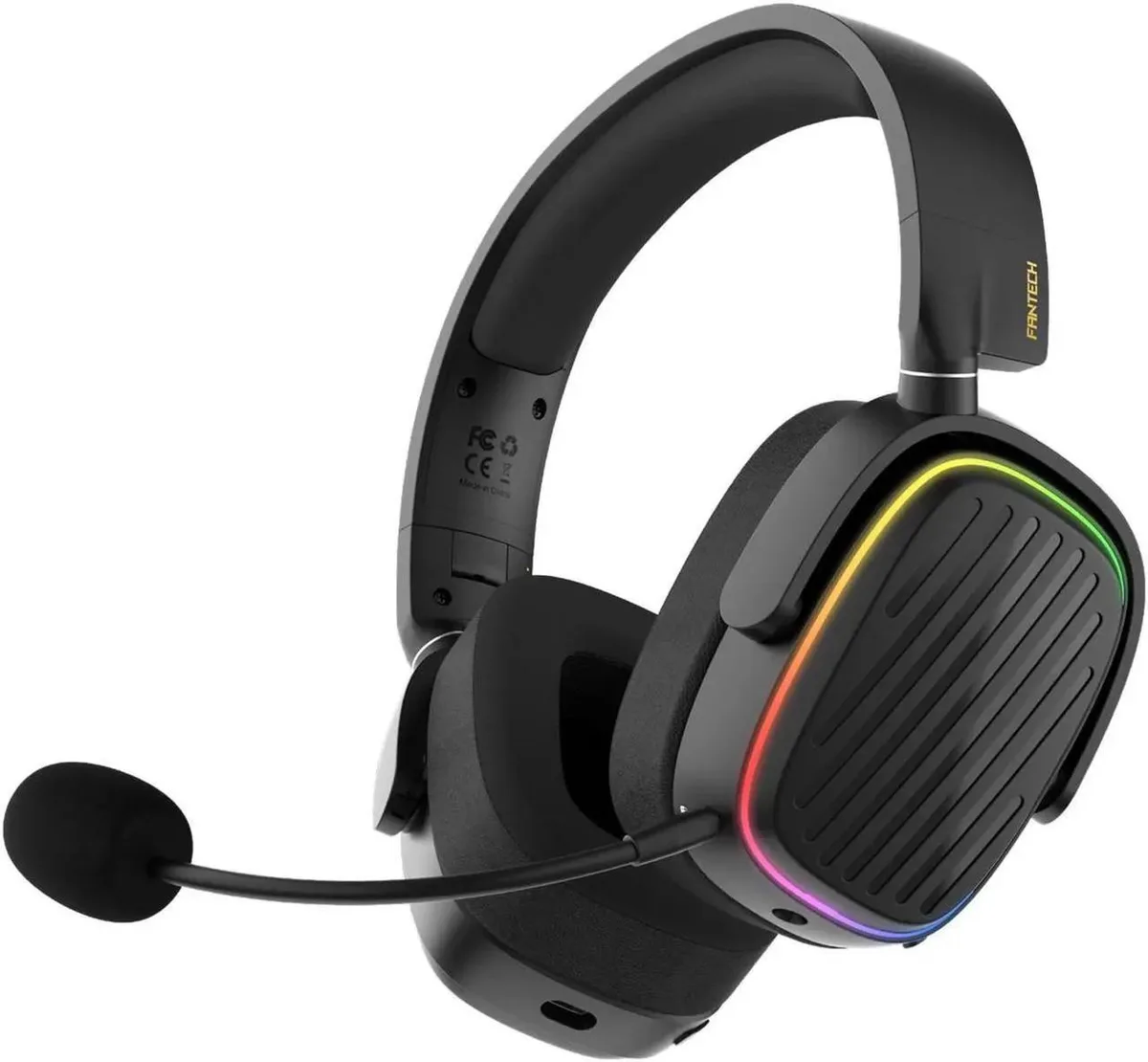 Black over-ear wireless headset with leatherette cushions and touch controls