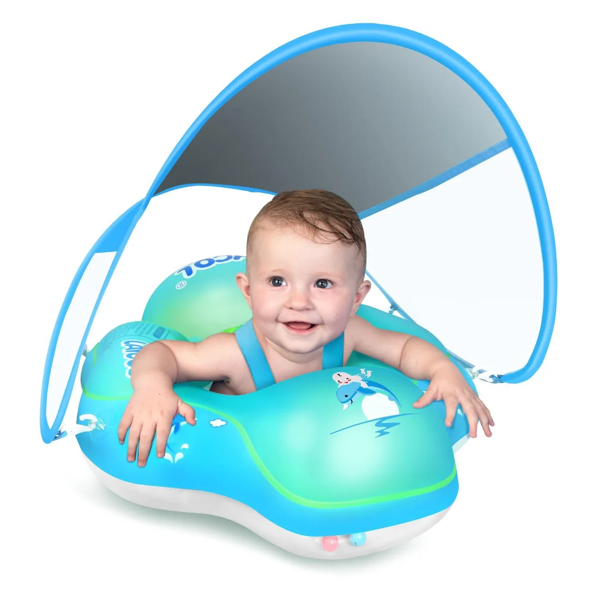Blue inflatable baby pool float with removable UPF50+ canopy and five-point safety buckle
