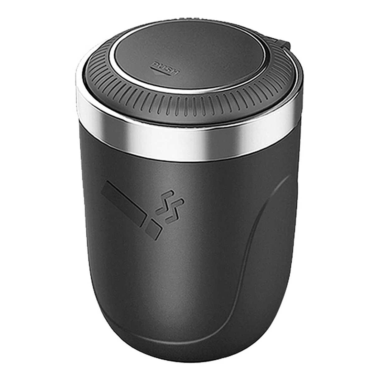 Black cylindrical car ashtray with lid and LED light, stainless steel body, cup-holder size