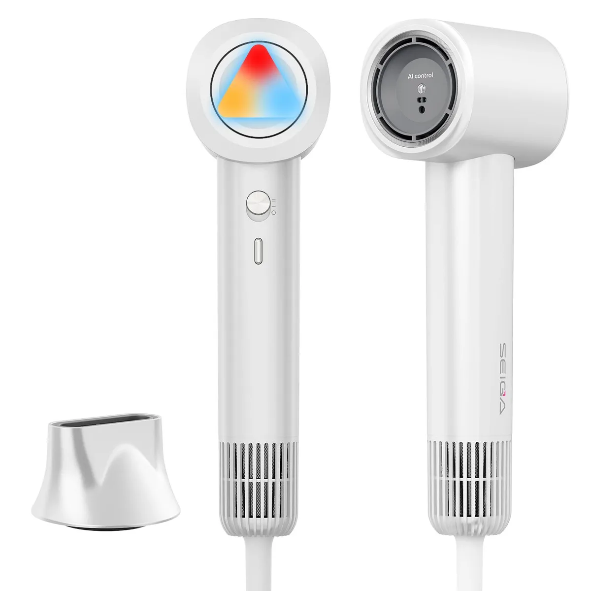 White SEIGA KH-808A hair dryer, compact barrel, matte finish, magnetic concentrator nozzle attached