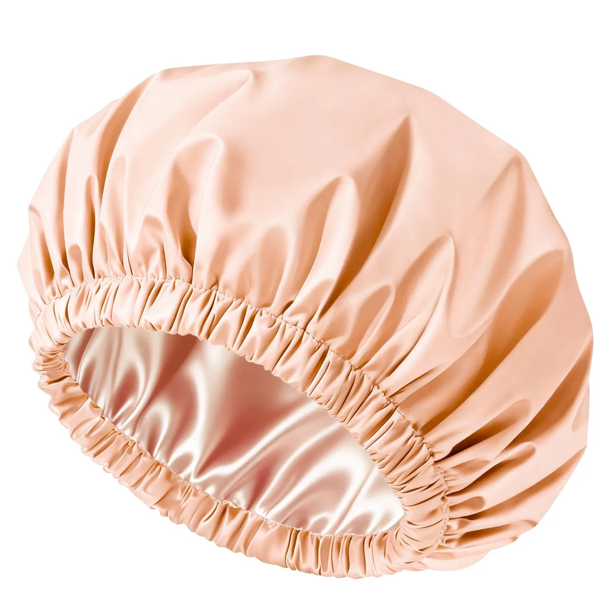 Apricot pink satin-lined shower cap, 18 inch diameter, soft elastic band