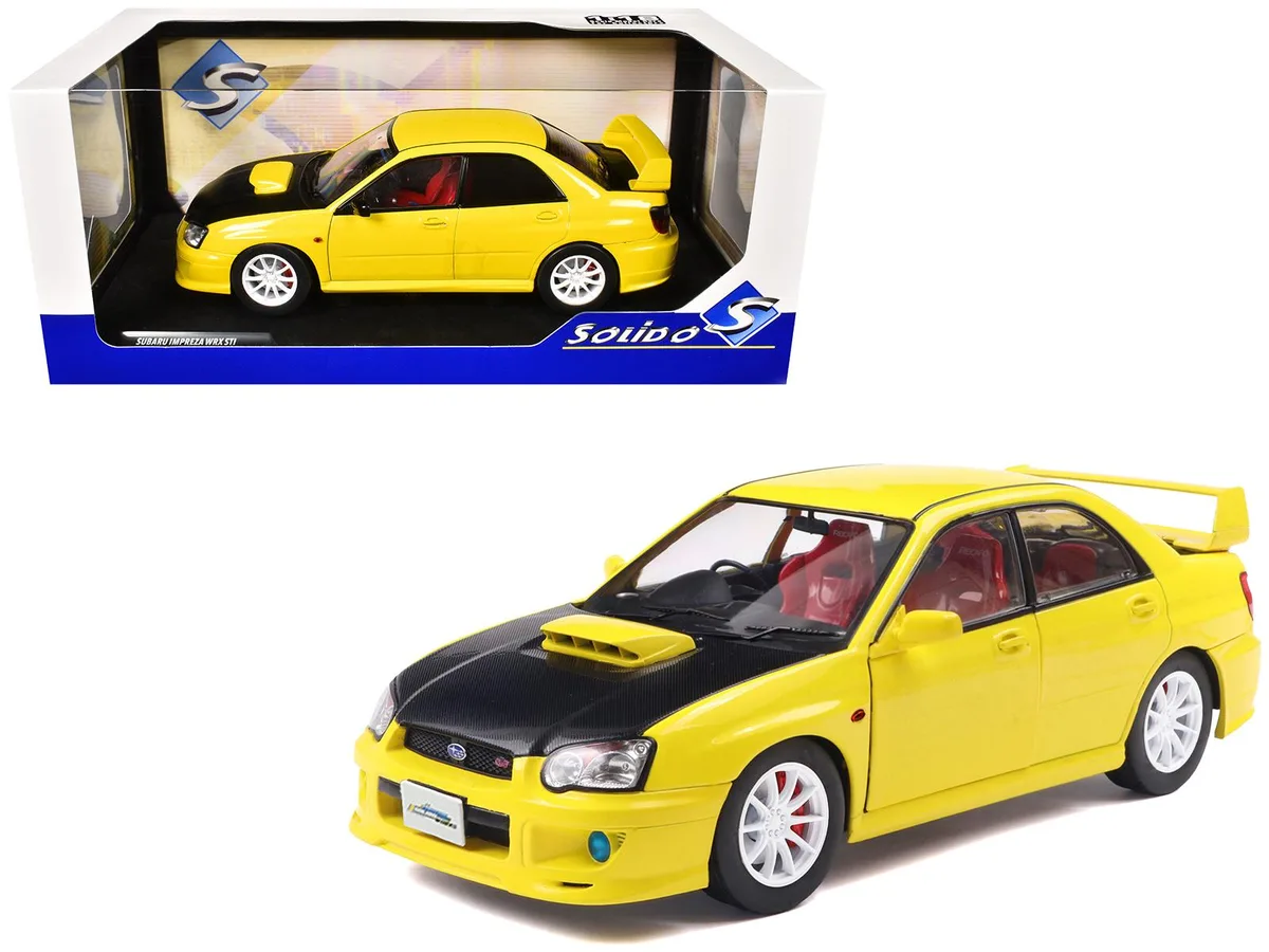 Solido Solido 2003 Subaru Impreza WRX STI RHD Yellow Carbon Hood 1/18 Diecast — product photo