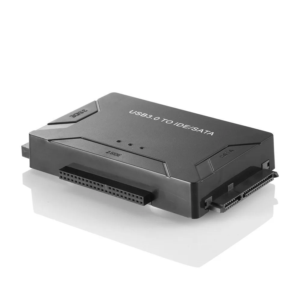 Black rectangular adapter with SATA and IDE connectors, USB 3.0 cable, power switch